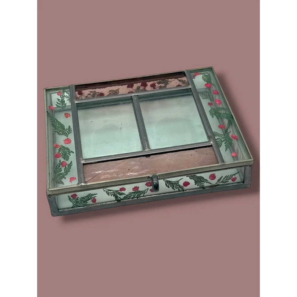 Vintage Stained Glass Jewelry Box Pressed Flowers Botanical Trinket 6x7
